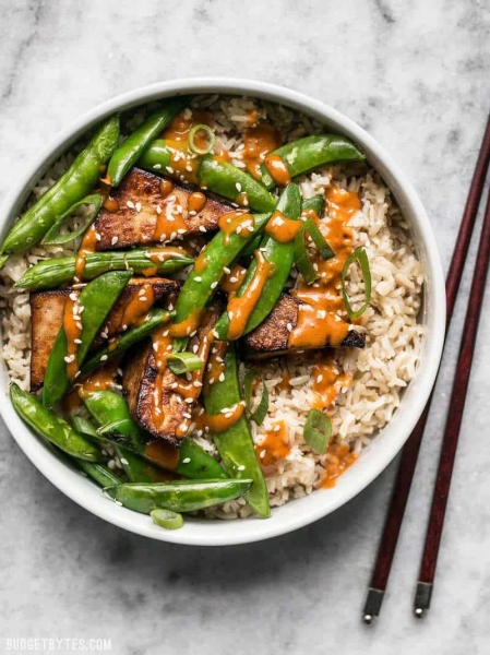 Soy Marinated Tofu Bowls with Spicy Peanut Sauce