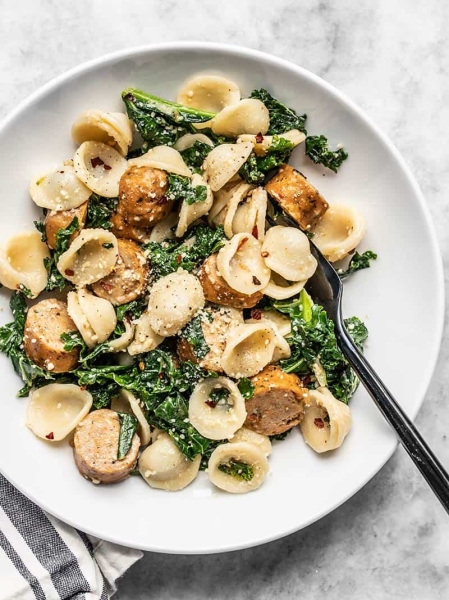 Spicy Orecchiette with Chicken Sausage and Kale