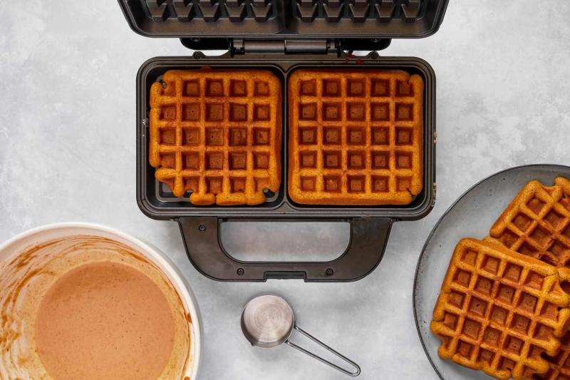 Pumpkin Spiced Waffles With Cinnamon Caramel Syrup