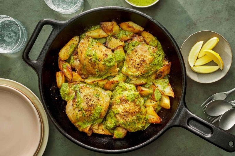 Skillet Chicken Thighs and Parsnips With Green Sauce