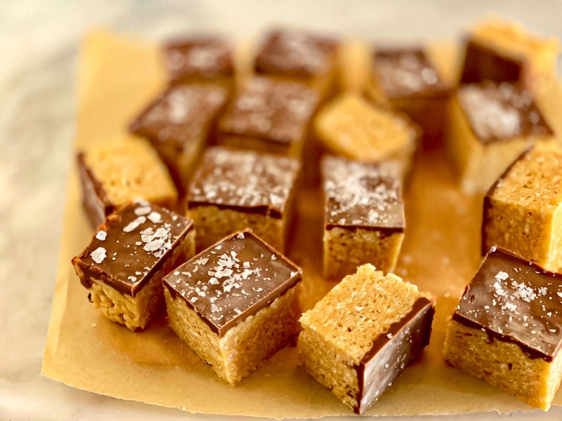 Milk Chocolate Glazed Tahini Rice Krispie Treats