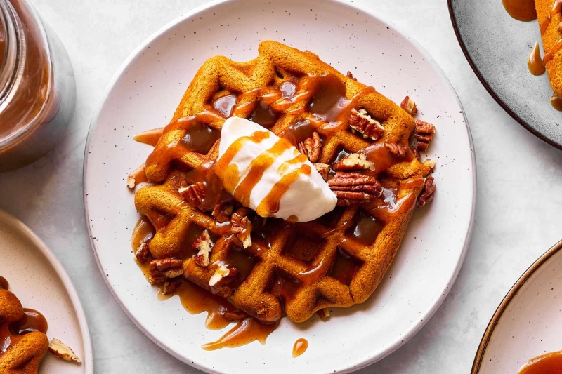 Pumpkin Spiced Waffles With Cinnamon Caramel Syrup