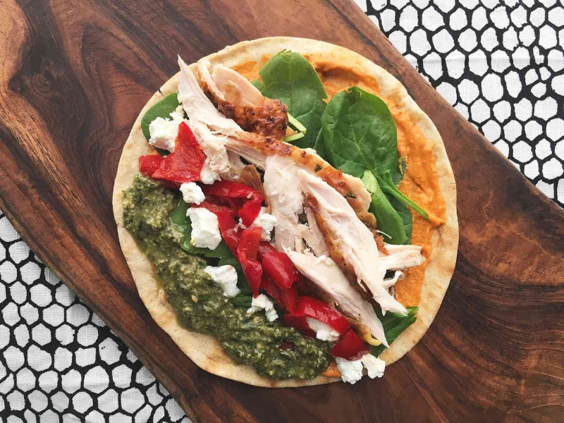 Chicken Provencal Wrap With Spinach, Goat Cheese and Peppadews