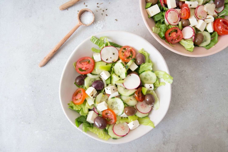 Greek Salad With Lettuce and Lemon Garlic Dressing