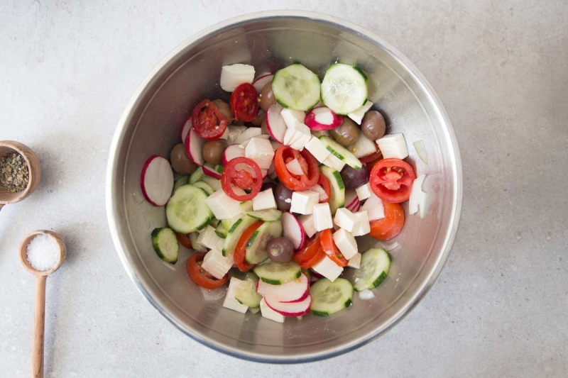 Greek Salad With Lettuce and Lemon Garlic Dressing