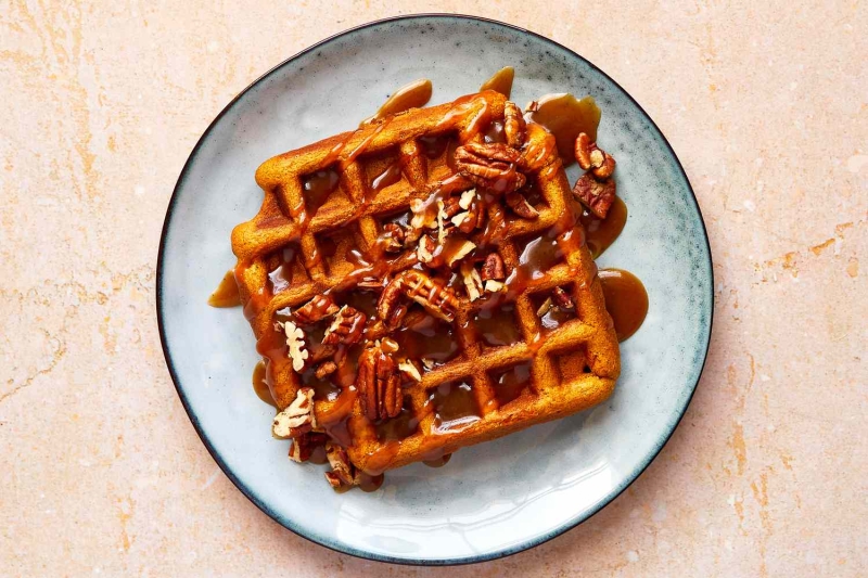 Pumpkin Spiced Waffles With Cinnamon Caramel Syrup