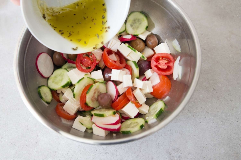 Greek Salad With Lettuce and Lemon Garlic Dressing