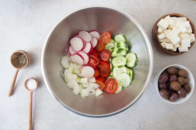 Greek Salad With Lettuce and Lemon Garlic Dressing