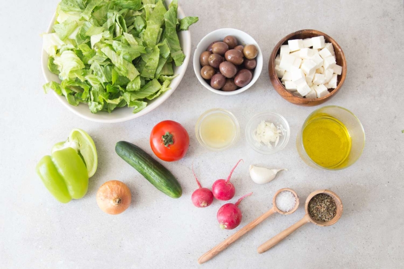 Greek Salad With Lettuce and Lemon Garlic Dressing