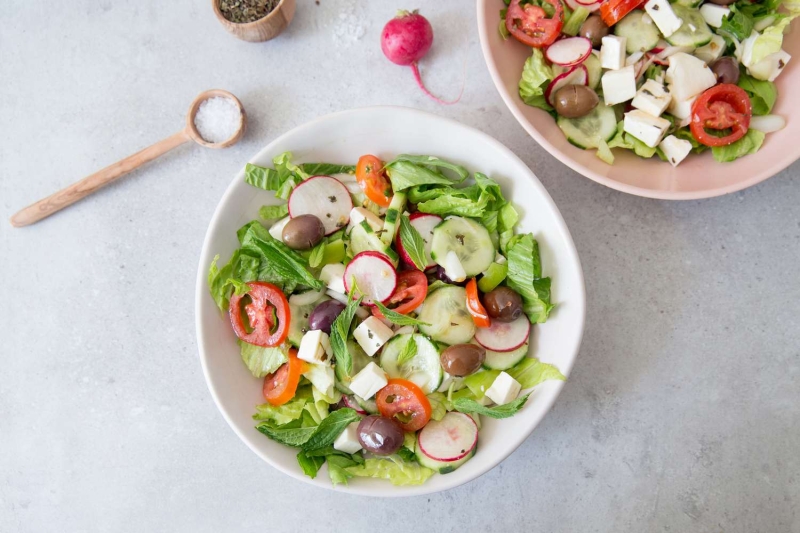 Greek Salad With Lettuce and Lemon Garlic Dressing