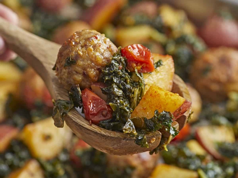 Sausage Meatballs and Kale Sheet Pan Meal