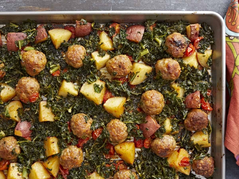 Sausage Meatballs and Kale Sheet Pan Meal