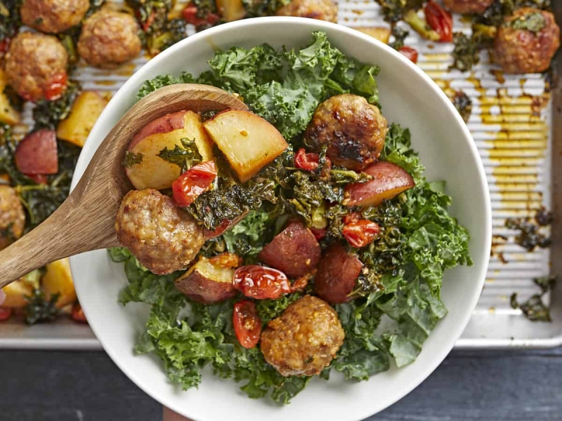 Sausage Meatballs and Kale Sheet Pan Meal