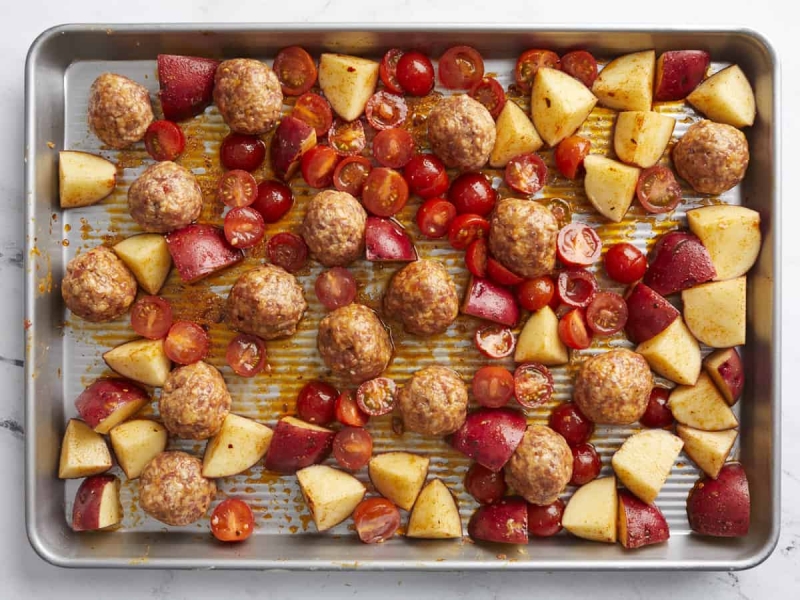 Sausage Meatballs and Kale Sheet Pan Meal