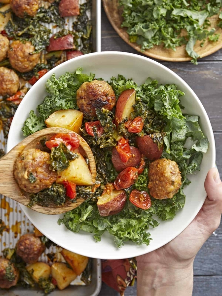 Sausage Meatballs and Kale Sheet Pan Meal