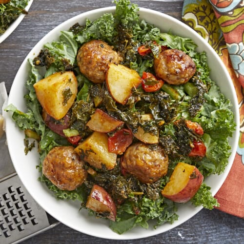 Sausage Meatballs and Kale Sheet Pan Meal