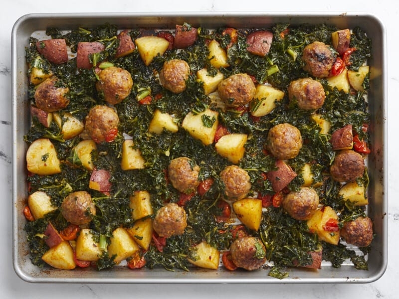 Sausage Meatballs and Kale Sheet Pan Meal