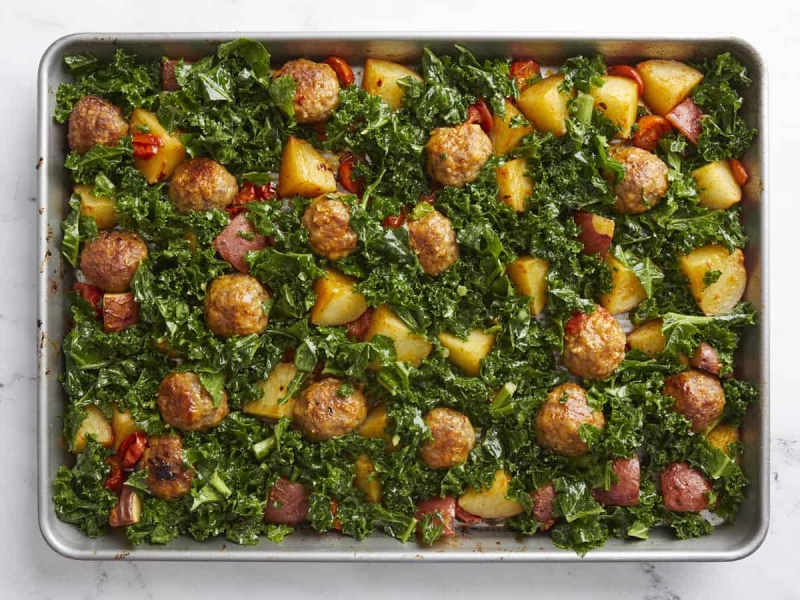 Sausage Meatballs and Kale Sheet Pan Meal